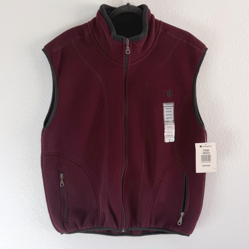 Vintage Champion Fleece Vest Mens Medium Burgundy Maroon Full Zip NWT